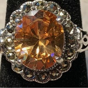 Vintage Sterling Silver 925 Ring with Peach Colored Stone Marcasite Accents